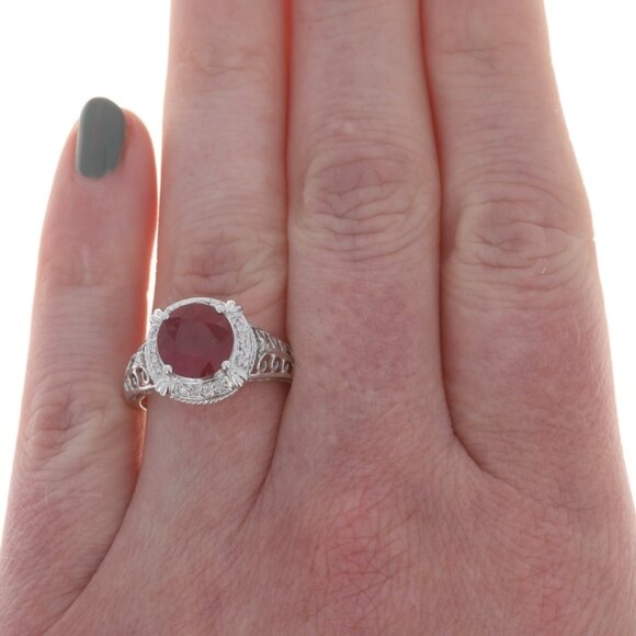 White Gold Ruby Diamond Halo Ring - 10k Round 4.62ctw - Picture 2 of 7